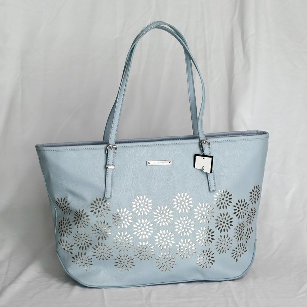 NWT Nine West It Girl Dust Blue Floral Silver Cut Out Accents Tote Bag - Picture 9 of 12
